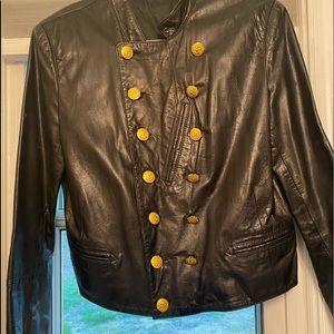Black leather jacket with gold buttons